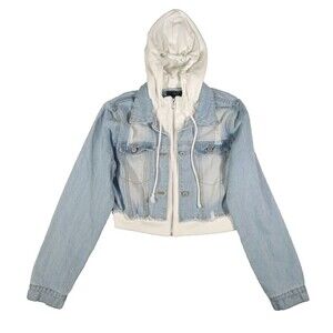 Love Tree Denim Jean Jacket Hoodie Women Juniors Sz Large Drawstring Zip Button